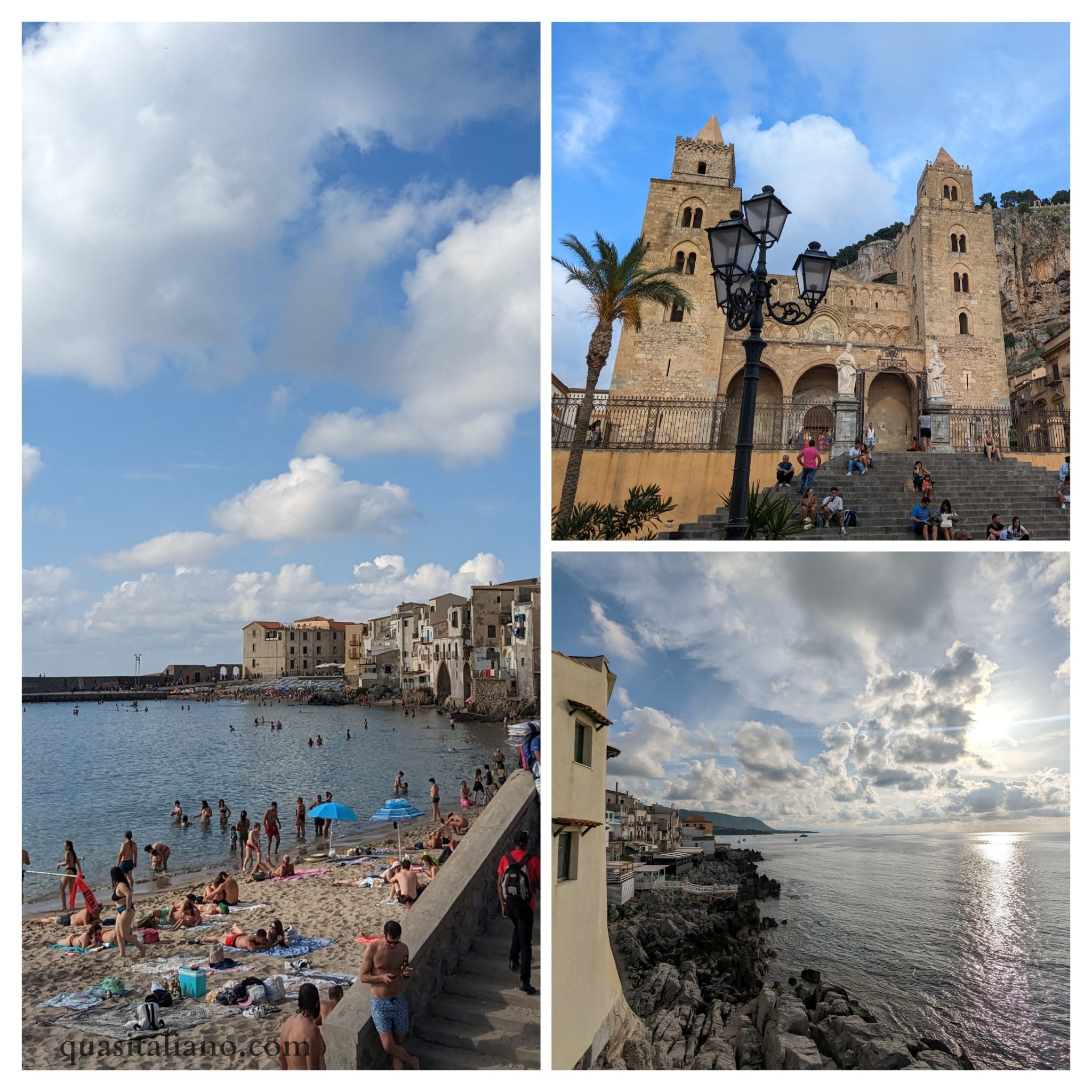 collage of Cefalù showing beach and cathedral