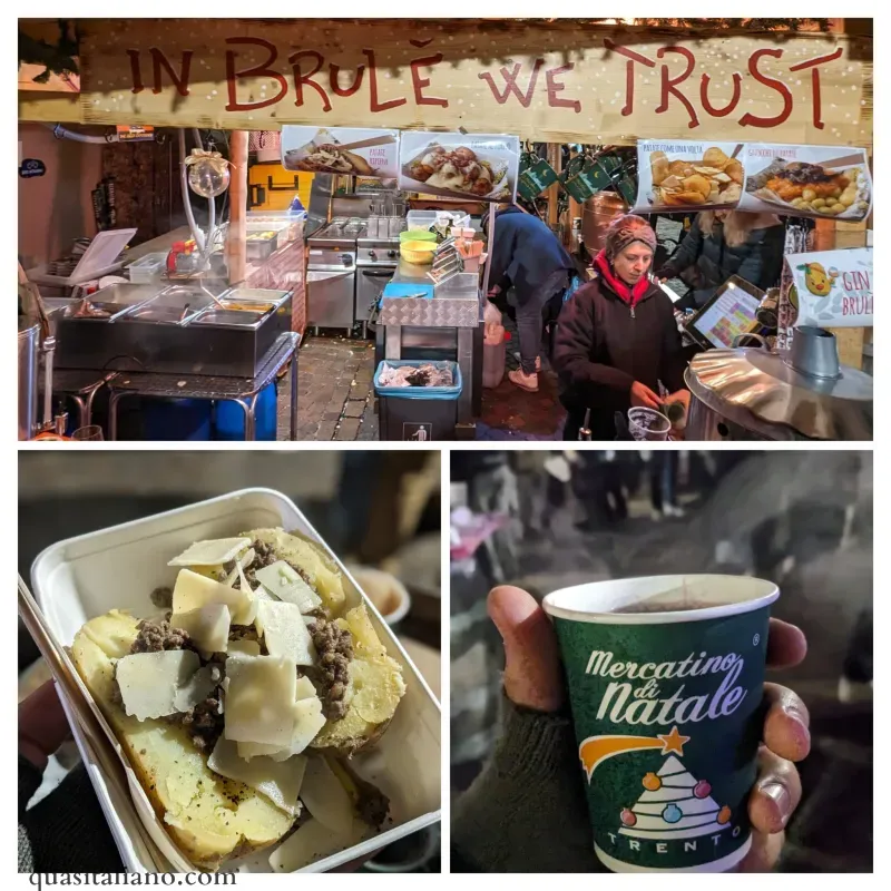Trento Christmarket stand (top), potato, meat and cheese entree (bottom left), cup of vin Brule (bottom right)