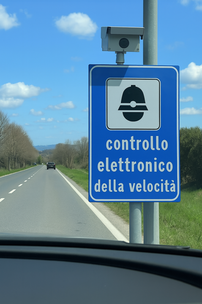 A blue roadside sign in Italy reading "controllo elettronico della velocitĂ ," indicating electronic speed monitoring, with a camera mounted above it on a sunny day.