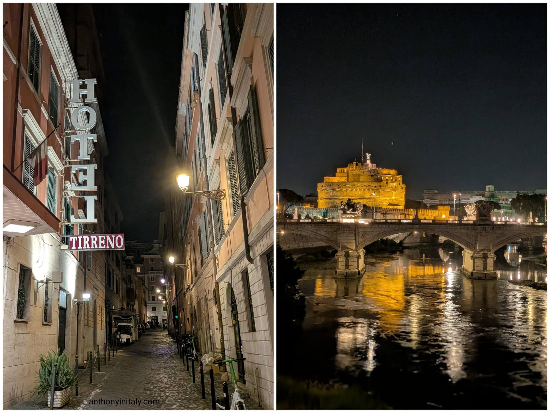 Hotel Tirreno's illuminated sign on a quiet cobblestone street in Rome at night, next to a view of Castel Sant'Angelo lit up above the Tiber River and Ponte Sant'Angelo.