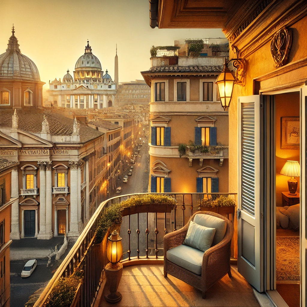 an AI generated image of a hotel balcony in Rome overlooking the streets