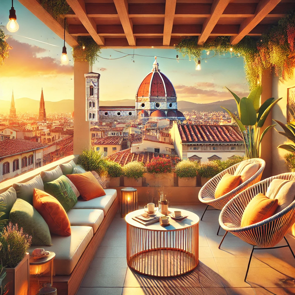 AI image of a rooftop in Florence looking at the duomo