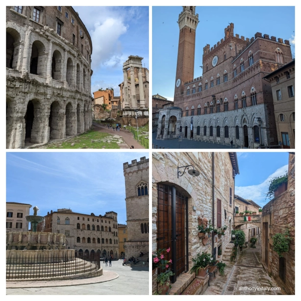 Clockwise from top left: Rome, Siena, Perugia, Spello