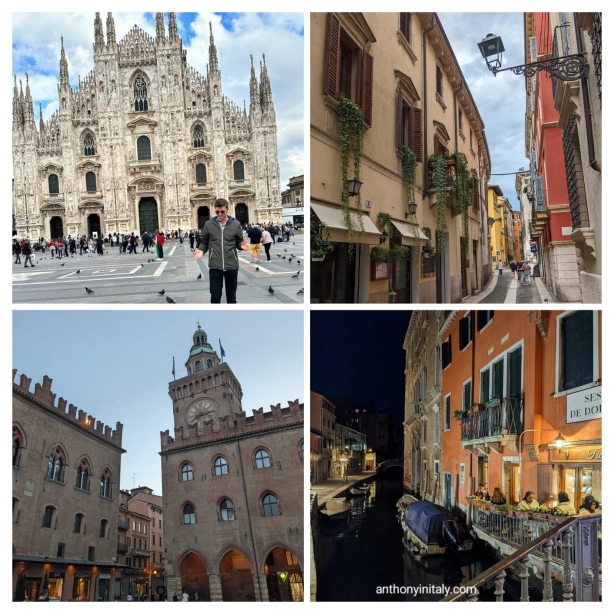4 pictures: milan, verona, Bologna, Venice