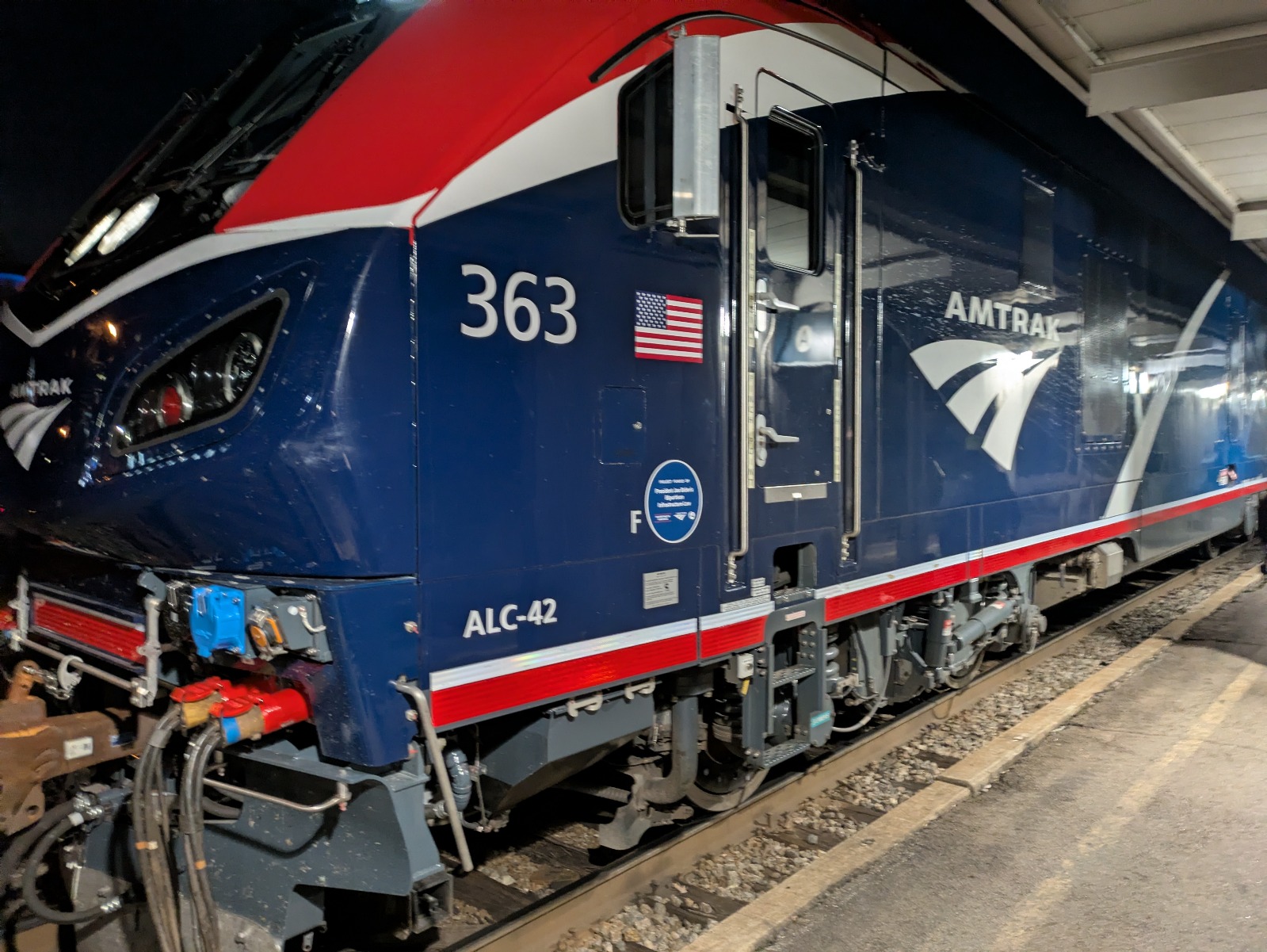 picture of a blue amtrak train at the platform in Atlanta