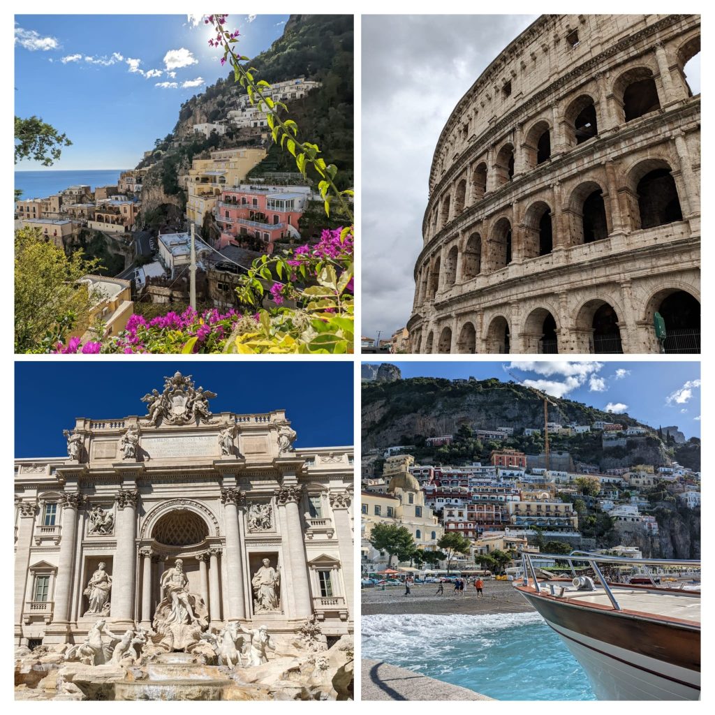 collage of amalfi caost and rome landmarks