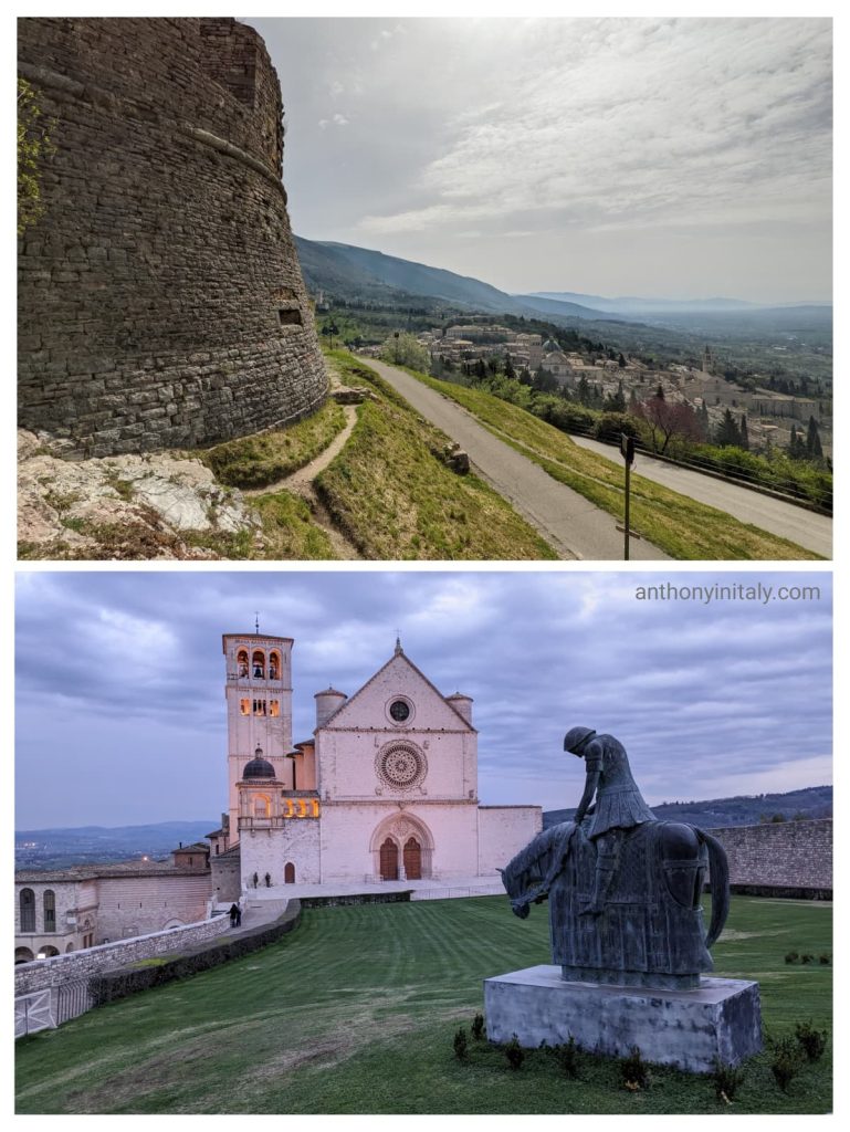 View from the medieval Rocca Maggiore fortress overlooking Assisi and the Umbrian valley, followed by the illuminated Basilica of Saint Francis with the statue of a bowed knight at dusk.