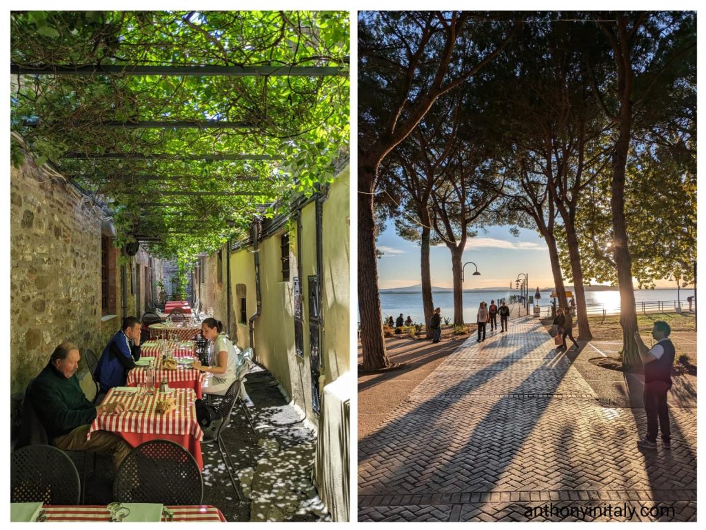 Outdoor dining under a vine-covered pergola in an Umbrian alley, and lakeside promenade at Passignano sul Trasimeno at sunset.