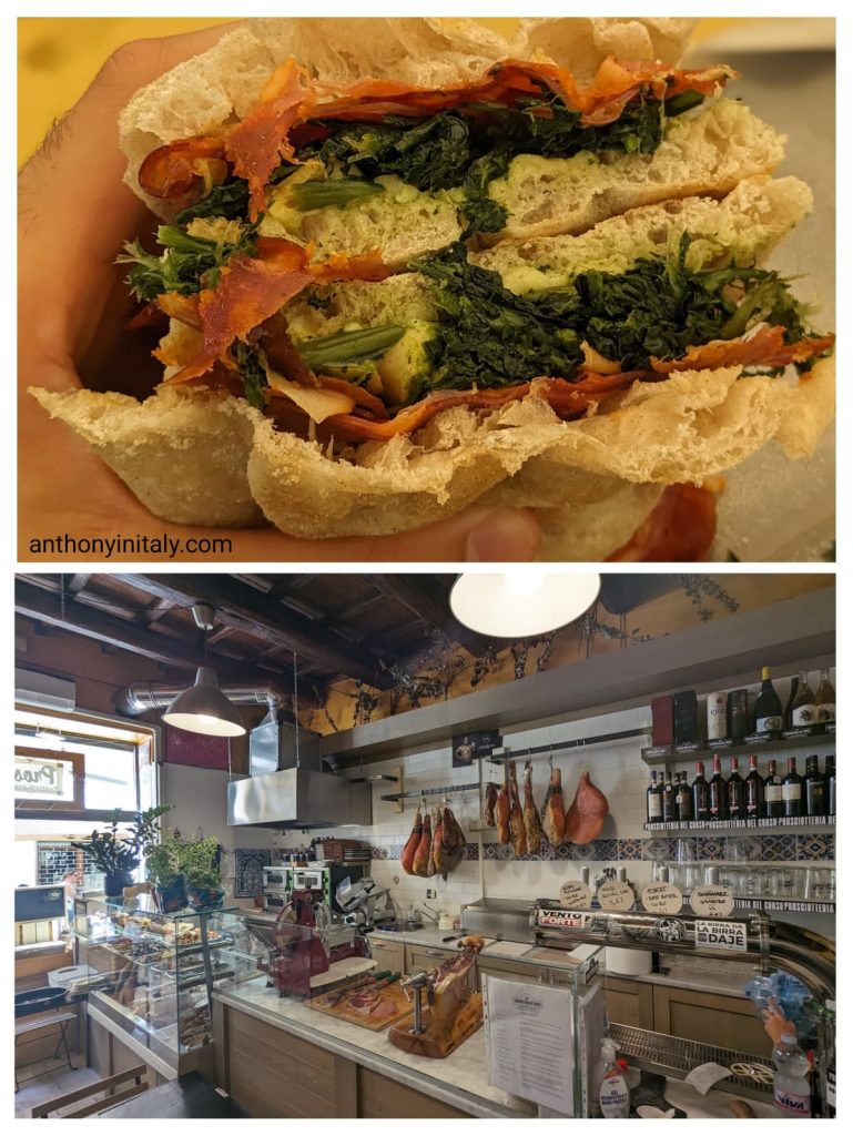 Close-up of an Umbrian sandwich with local greens and cured meat, and interior of a traditional prosciutteria in Spoleto with hanging hams and wine bottles.