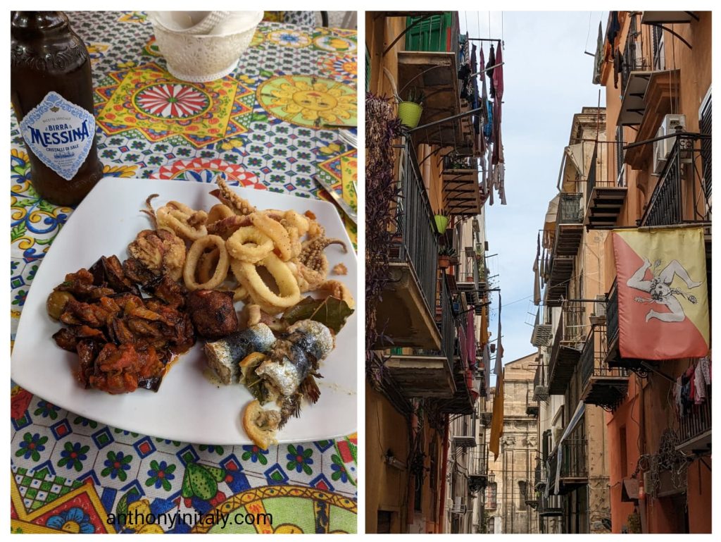 Photos I took in Palermo, Sicily — a plate of local seafood I ordered with fried calamari, sardines, and caponata beside a Birra Messina on a colorful Sicilian ceramic table, plus a nearby alleyway lined with balconies, laundry, and the Sicilian flag featuring the Trinacria symbol.