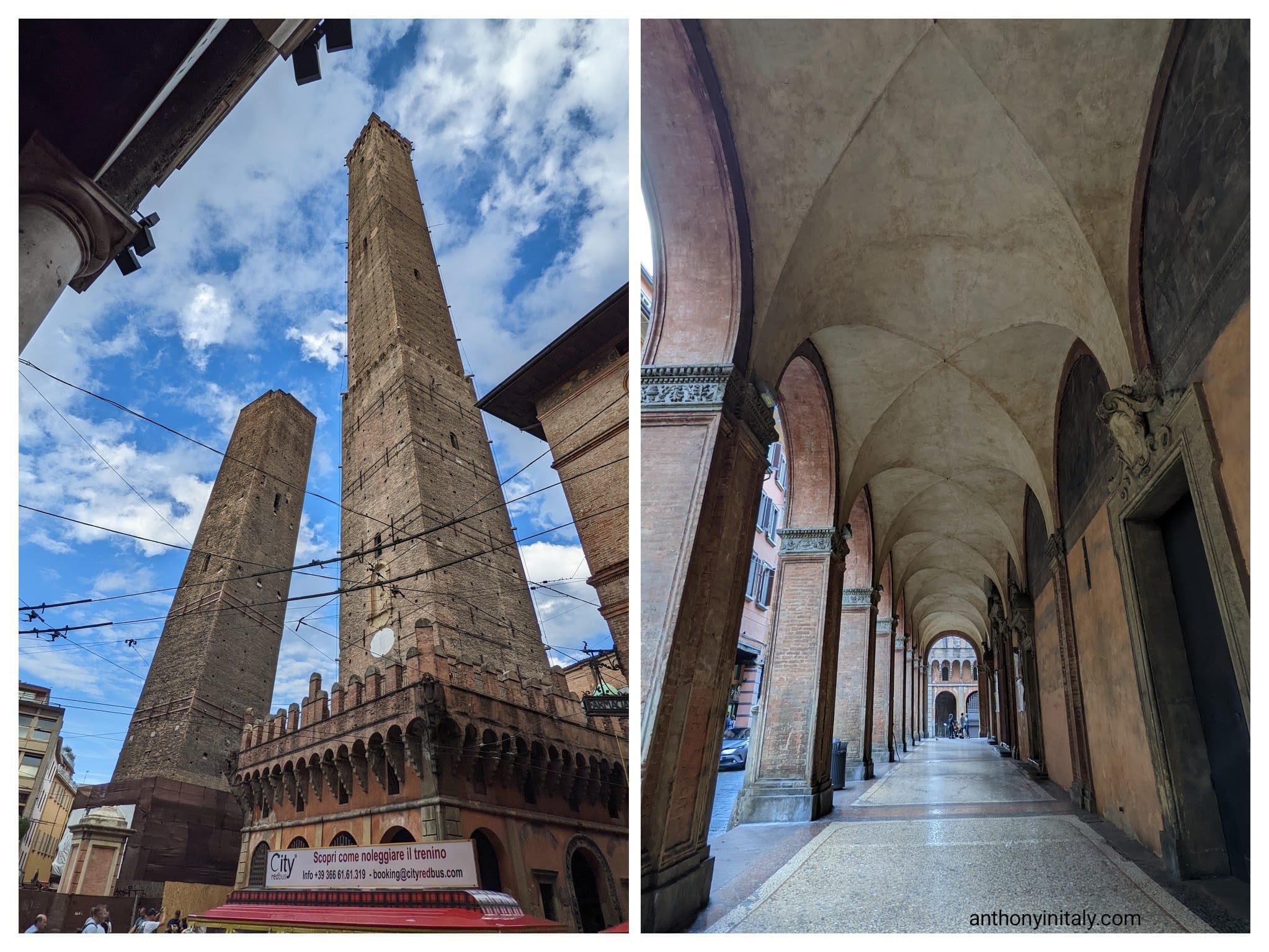 Photos I took in Bologna, Italy — the famous Two Towers, Asinelli and Garisenda, reaching into the sky, paired with a walk through Bologna’s covered porticoes with vaulted ceilings and terracotta arches leading toward the city center.