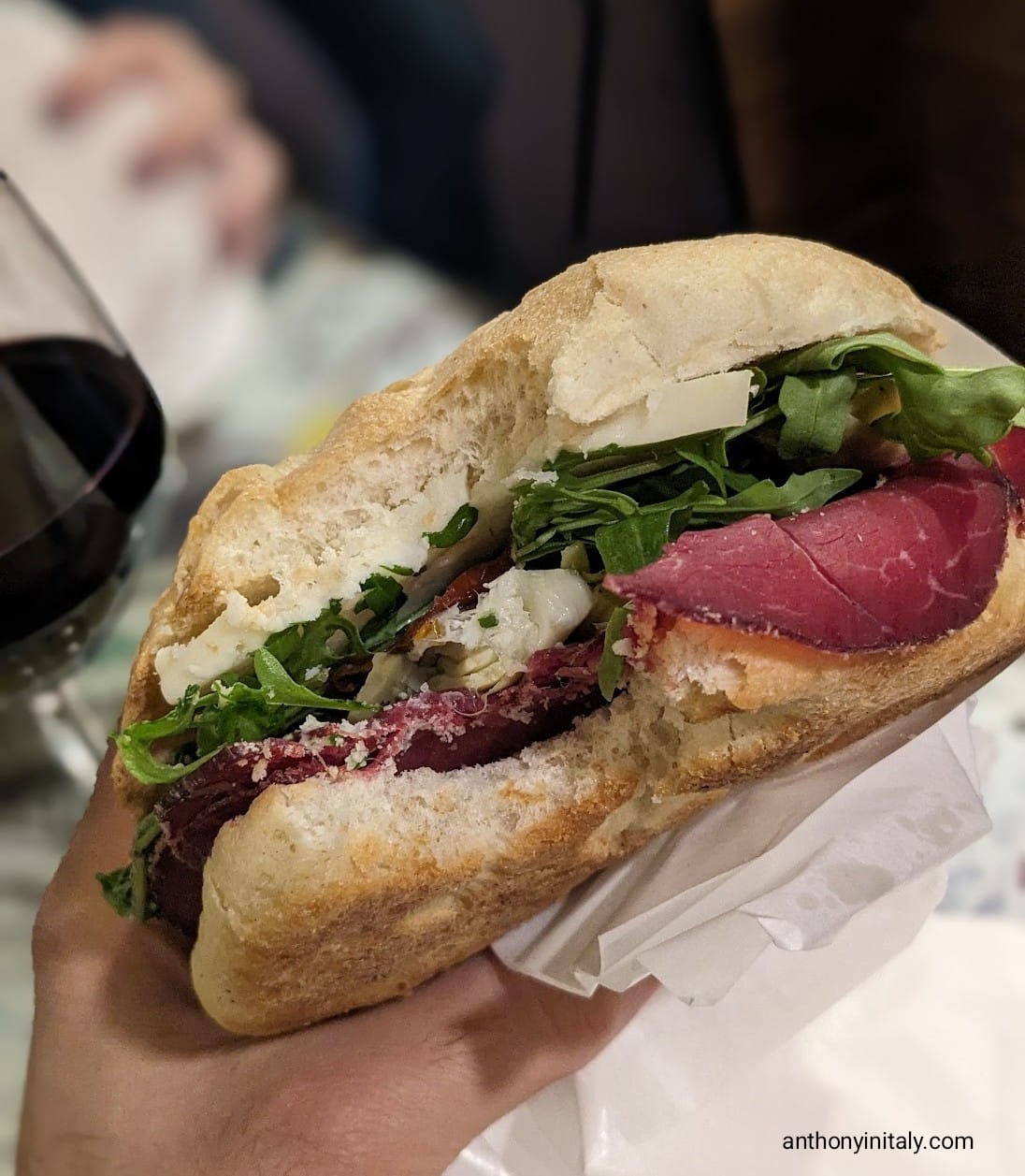 Bresaola sandwich with arugula, pecorino, and artichokes from Cantina dei Papi near Trevi Fountain