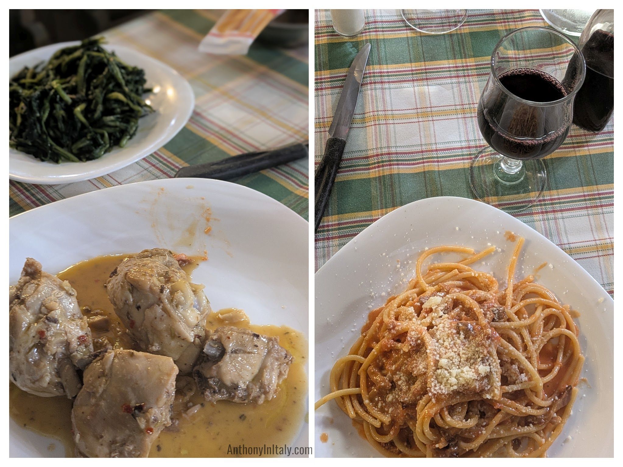 Two dishes from Osteria della Suburra in Rome: stewed chicken in a light sauce with a side of sautéed greens on the left, and a plate of amatriciana pasta topped with pecorino and a glass of red wine on the right, all on plaid tablecloths.
