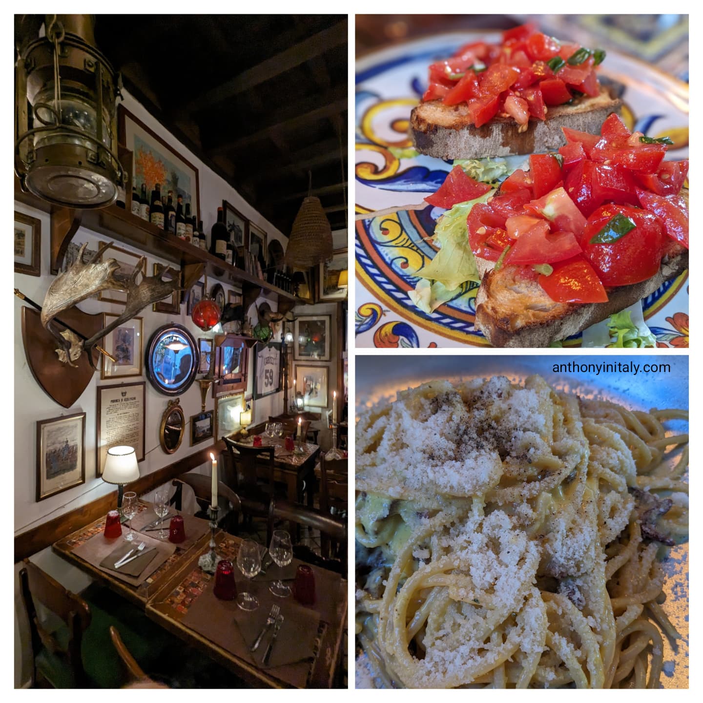 Collage from Pietro al Pantheon in Rome, showing the cozy, memorabilia-filled dining room; a plate of fresh tomato bruschetta on colorful ceramic dishware; and a creamy carbonara pasta generously topped with grated pecorino cheese.