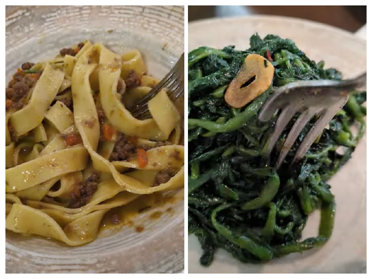 Two dishes from Trattoria Morgana in Rome: on the left, a bowl of pappardelle pasta with wild boar ragù, showing wide noodles coated in a rich, meaty sauce; on the right, a plate of sautéed chicoria (bitter greens) topped with golden slices of garlic.