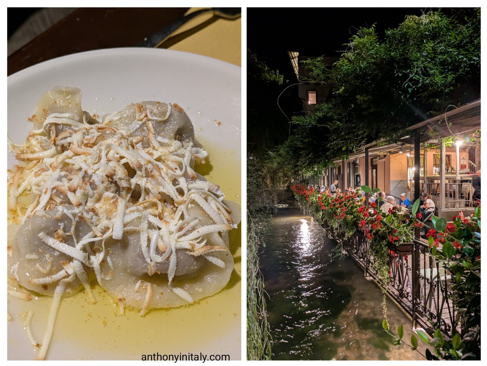 Collage of Cjarsons pasta topped with ricotta and brown butter, paired with a nighttime view of La Ghiacciaia’s canal-side outdoor seating decorated with flowers.