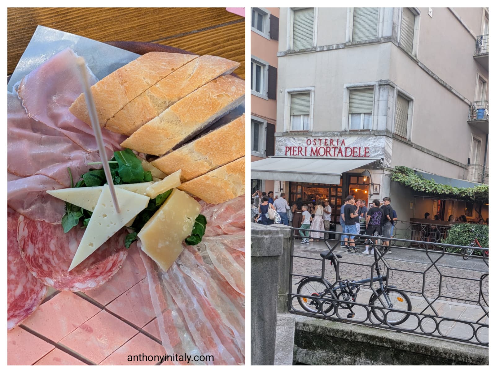 Food and atmosphere collage showing a salumi and cheese board with bread, alongside the bustling entrance of Osteria Pieri Mortadele in Udine.