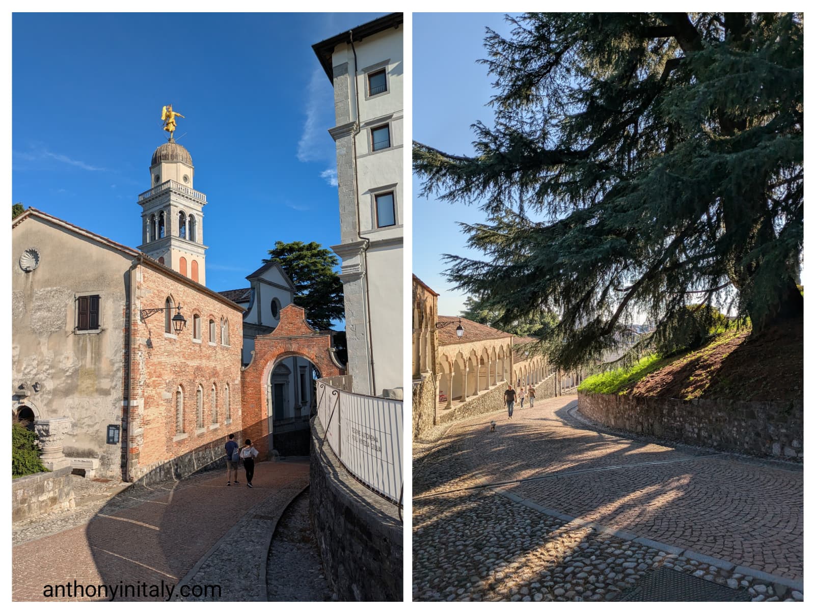 Two views from the hill around Udine Castle: a cobblestone path leading past a brick archway and bell tower, and a shaded walkway beside the long portico overlooking the city.