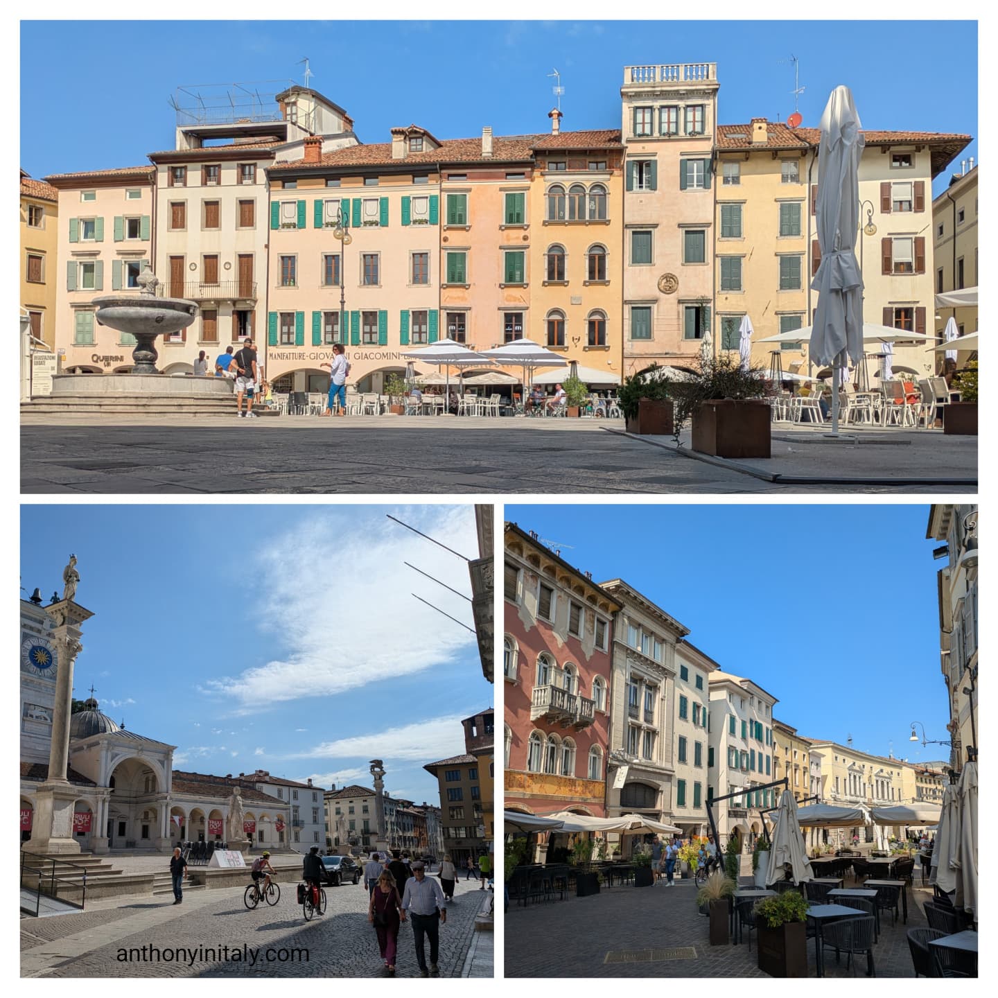Collage of Udine’s historic squares, featuring colorful buildings and cafés in Piazza San Giacomo, the Loggia del Lionello and Torre dell’Orologio in Piazza Libertà, and a lively street lined with pastel façades and outdoor tables.