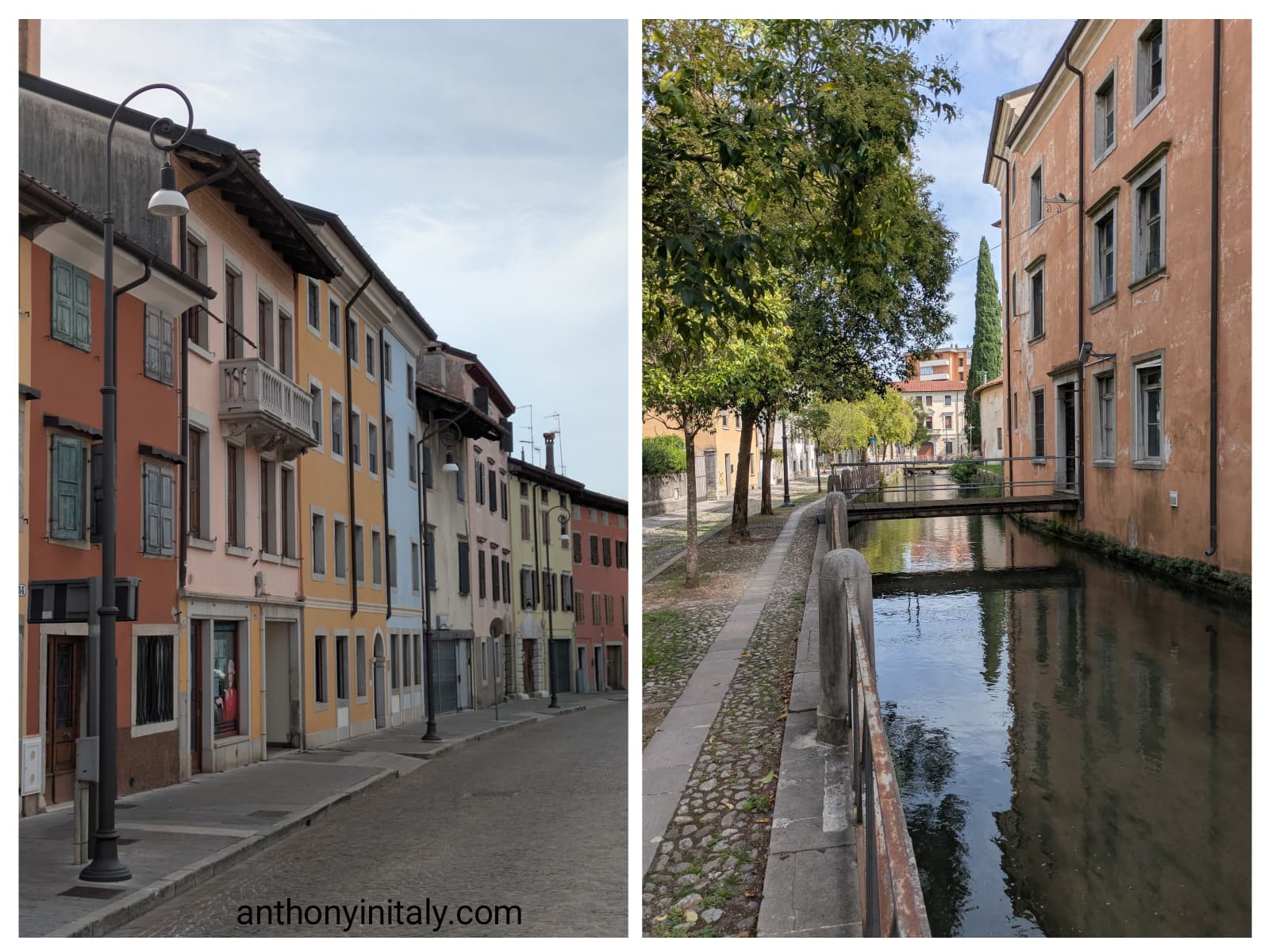 Collage showing colorful historic houses along Via Grazzano and a quiet canal lined with trees and pastel buildings in central Udine.