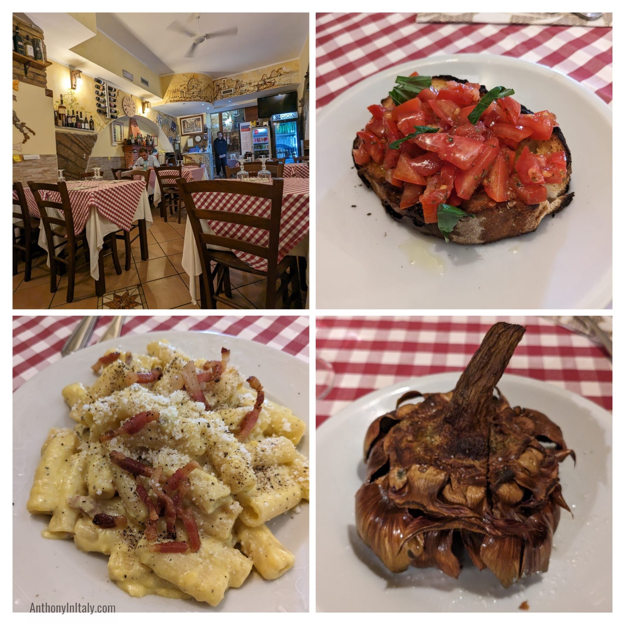 Collage from Massimo al 39 in Rome showing the interior with red-checkered tablecloths, a bruschetta with diced tomatoes and basil, a plate of rigatoni carbonara with guanciale, and a crispy fried artichoke (carciofo alla giudia)