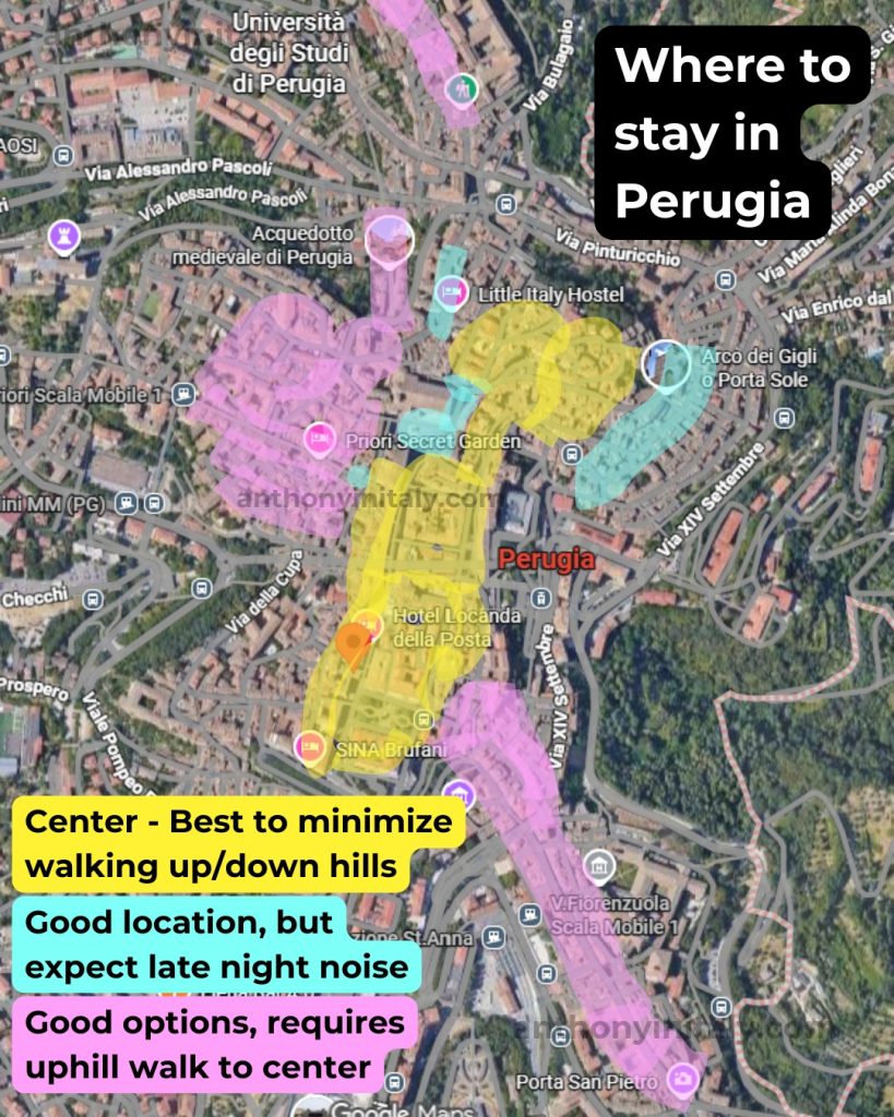 Color-coded map of central Perugia showing recommended stay zones. Yellow highlights the flattest, most central areas. Blue marks vibrant streets with late-night noise. Pink shows good areas that require uphill walks to reach the center.