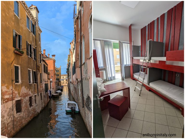 Side-by-side photo of Venice, Italy — left shows a quiet residential canal with weathered orange and terracotta buildings, small boats, and laundry hanging between windows; right shows the interior of a clean Venice hostel dorm room with red bunk beds, tile floors, and natural window light.