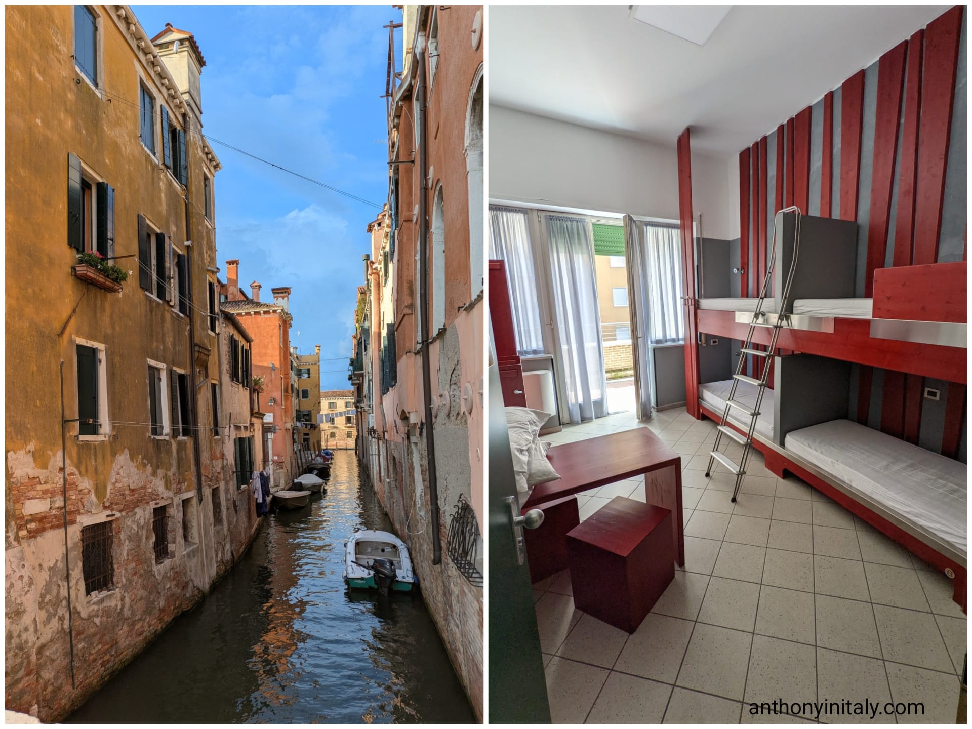Side-by-side photo of Venice, Italy — left shows a quiet residential canal with weathered orange and terracotta buildings, small boats, and laundry hanging between windows; right shows the interior of a clean Venice hostel dorm room with red bunk beds, tile floors, and natural window light.