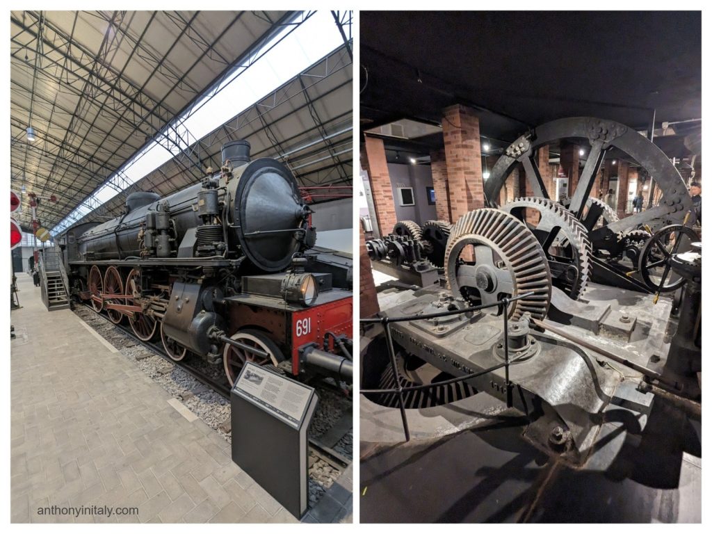 
Two views inside Milan's National Museum of Science and Technology: a massive black steam locomotive number 691 on display in an open industrial hall, and a close-up of large cast iron industrial gears in a dimly lit brick exhibition room.
