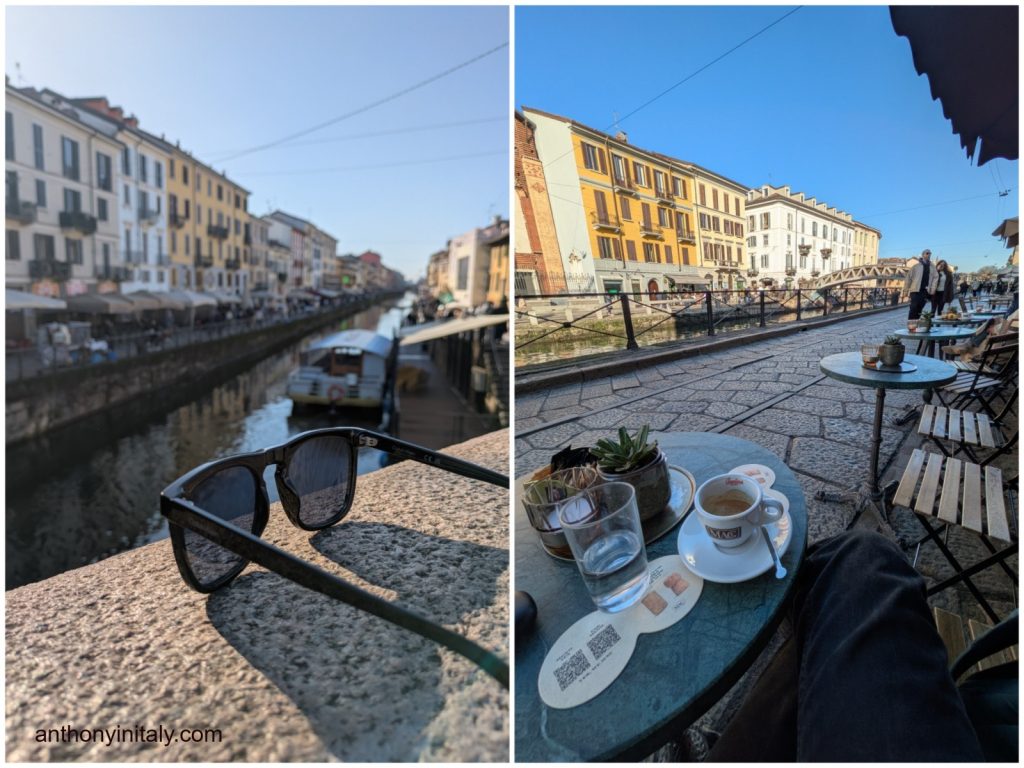 Two views of the Naviglio Grande canal in Milan — sunglasses resting on a bridge railing overlooking the canal, and an espresso on an outdoor cafe table beside the waterway on a sunny day.