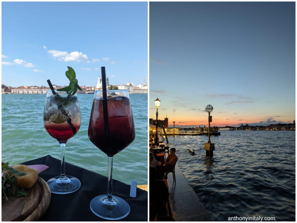 Two cocktails at a waterfront bar on Giudecca island with Venice's skyline across the lagoon (left), and a sunset view over the lagoon from Giudecca's waterfront (right).
