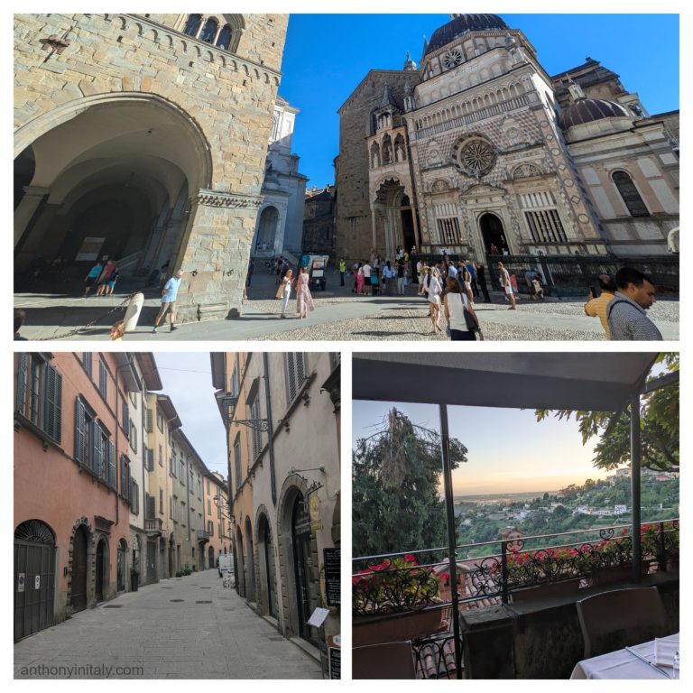 Three photos of Bergamo's Città Alta in northern Italy: the ornate marble facade of the Colleoni Chapel and cathedral in Piazza Vecchia, a quiet narrow street lined with stone buildings, and a sunset view over the lower city from a restaurant terrace.