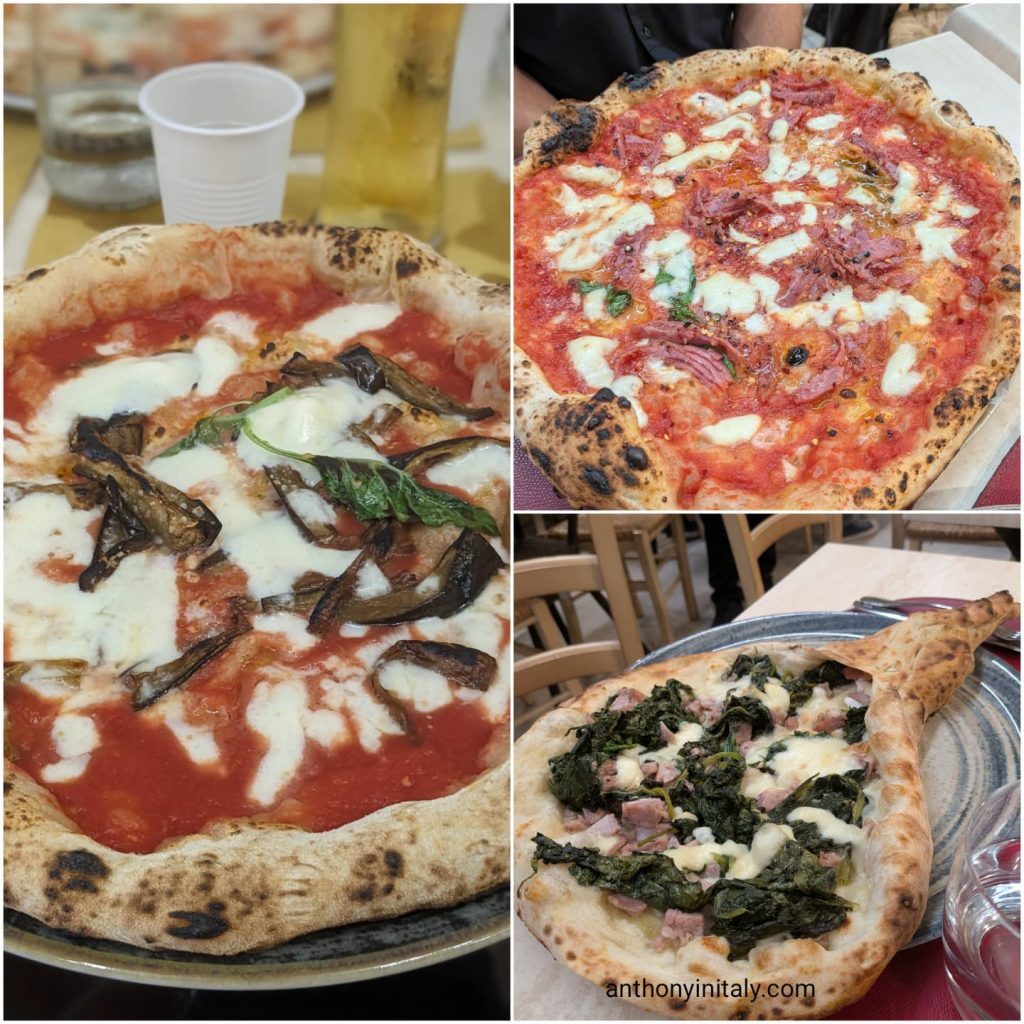Three Neapolitan pizzas at Pizzeria Attanasio in Naples: a Siciliana with eggplant and mozzarella on the left, a Diavola with spicy salami top right, and a Racchetta with friarielli, sausage, and buffalo ricotta bottom right.