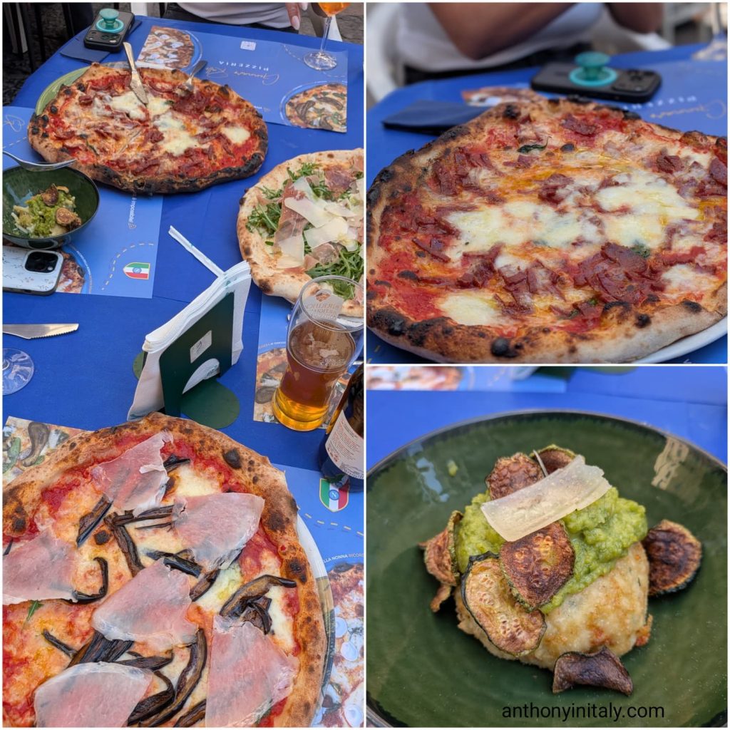Four dishes at Pizzeria Gennaro Rallo in Naples: a Diavola pizza with spicy salami, a Siciliana with prosciutto and eggplant, a Primavera with rucola and parmesan, and a frittatina alla Nerano on a green plate.