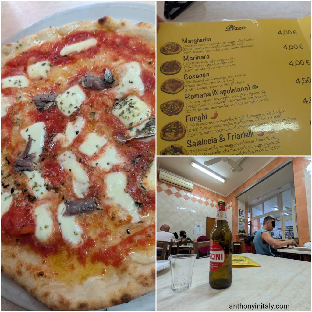 A Napoletana pizza with anchovies, mozzarella, and oregano at Antica Pizzeria Prigiobbo in Naples, alongside the yellow menu showing prices starting at €4, and the simple interior of the restaurant in the Spanish Quarter.