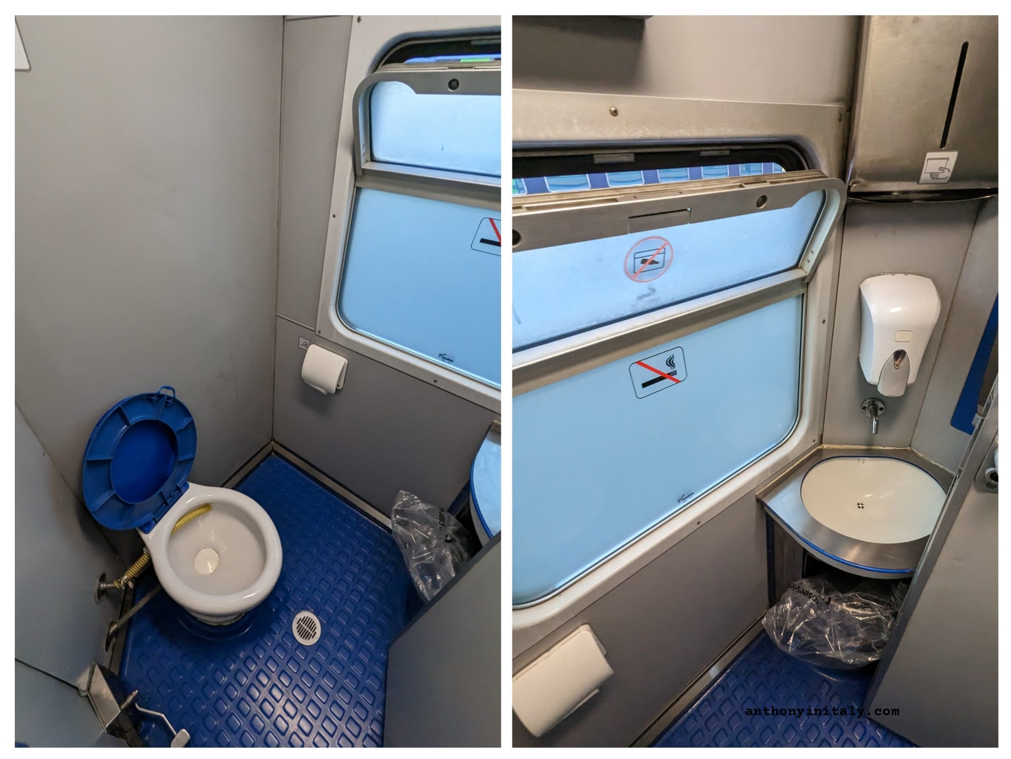 Interior of an Italian regional train bathroom showing a blue toilet on the left and a small corner sink with soap dispenser on the right, photographed by Anthony in Italy