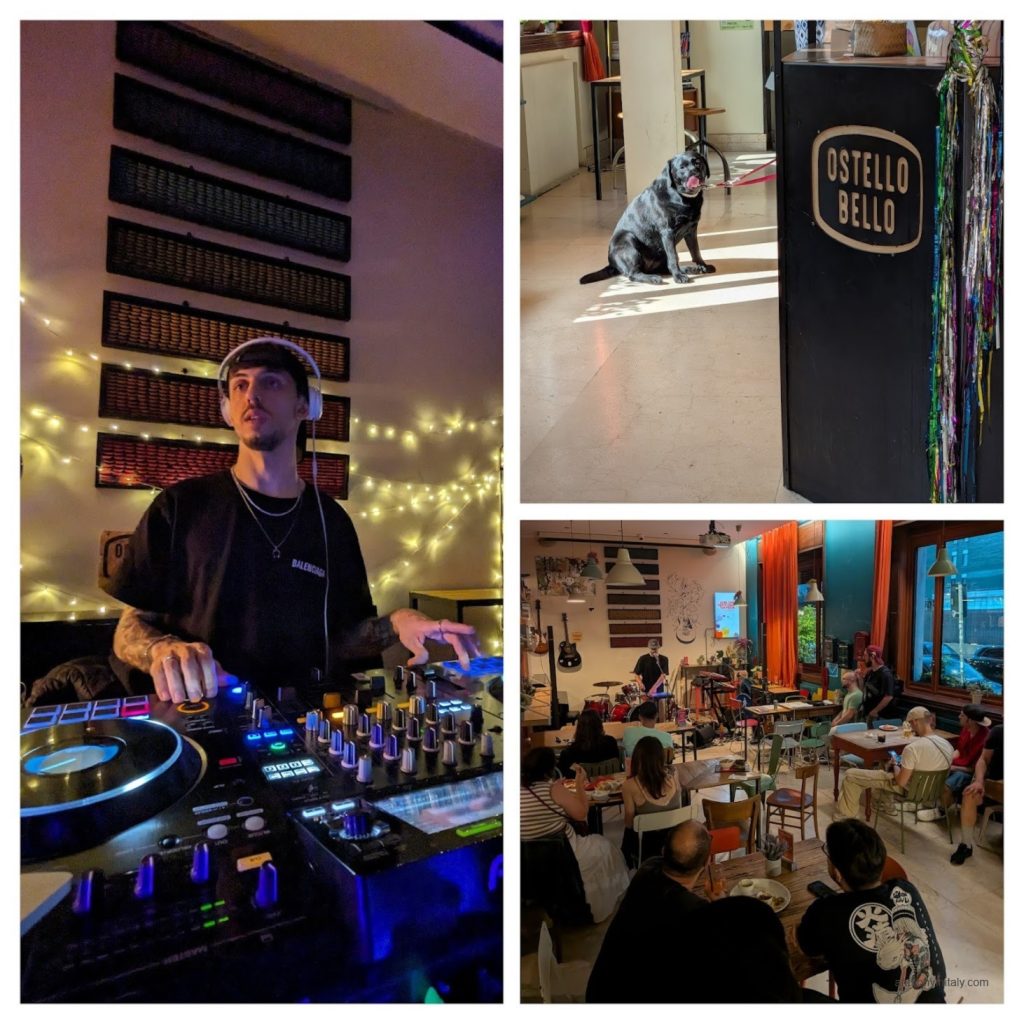 Three scenes from Ostello Bello Centrale in Milan — a DJ set with string lights, a dog sitting by the Ostello Bello sign, and a live band performing in the common area