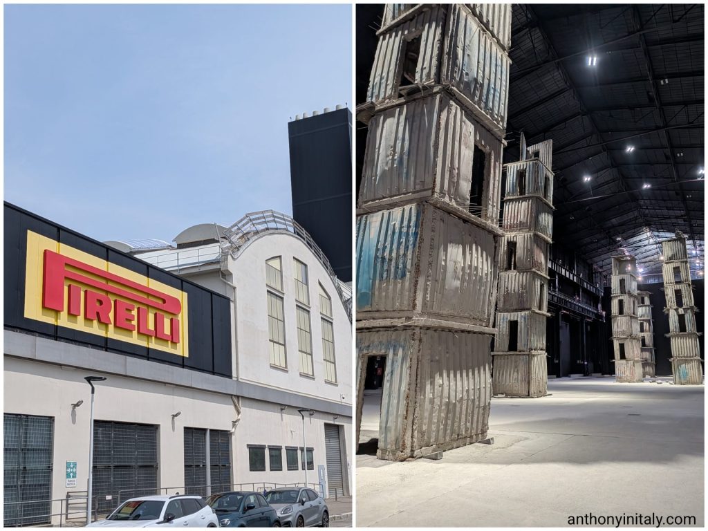 Exterior of Pirelli HangarBicocca in Milan showing the Pirelli logo on the building facade, and inside the vast industrial space with towering sculptural installations made of stacked corrugated metal structures