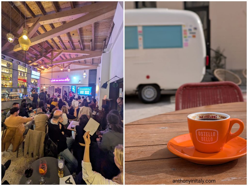 Packed bar at Ostello Bello Palermo during a trivia night event, with a separate outdoor courtyard area featuring an espresso and a vintage white caravan.