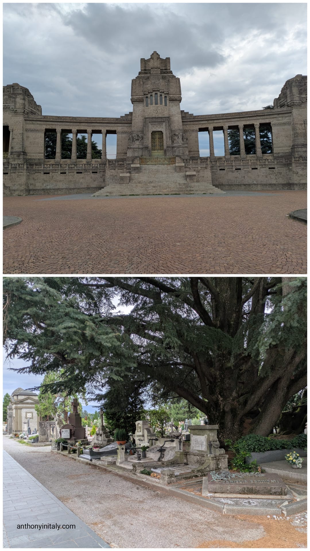 The semicircular stone facade of the famedio at the Cimitero Monumentale di Bergamo, and an old family tomb shaded by a large cedar tree