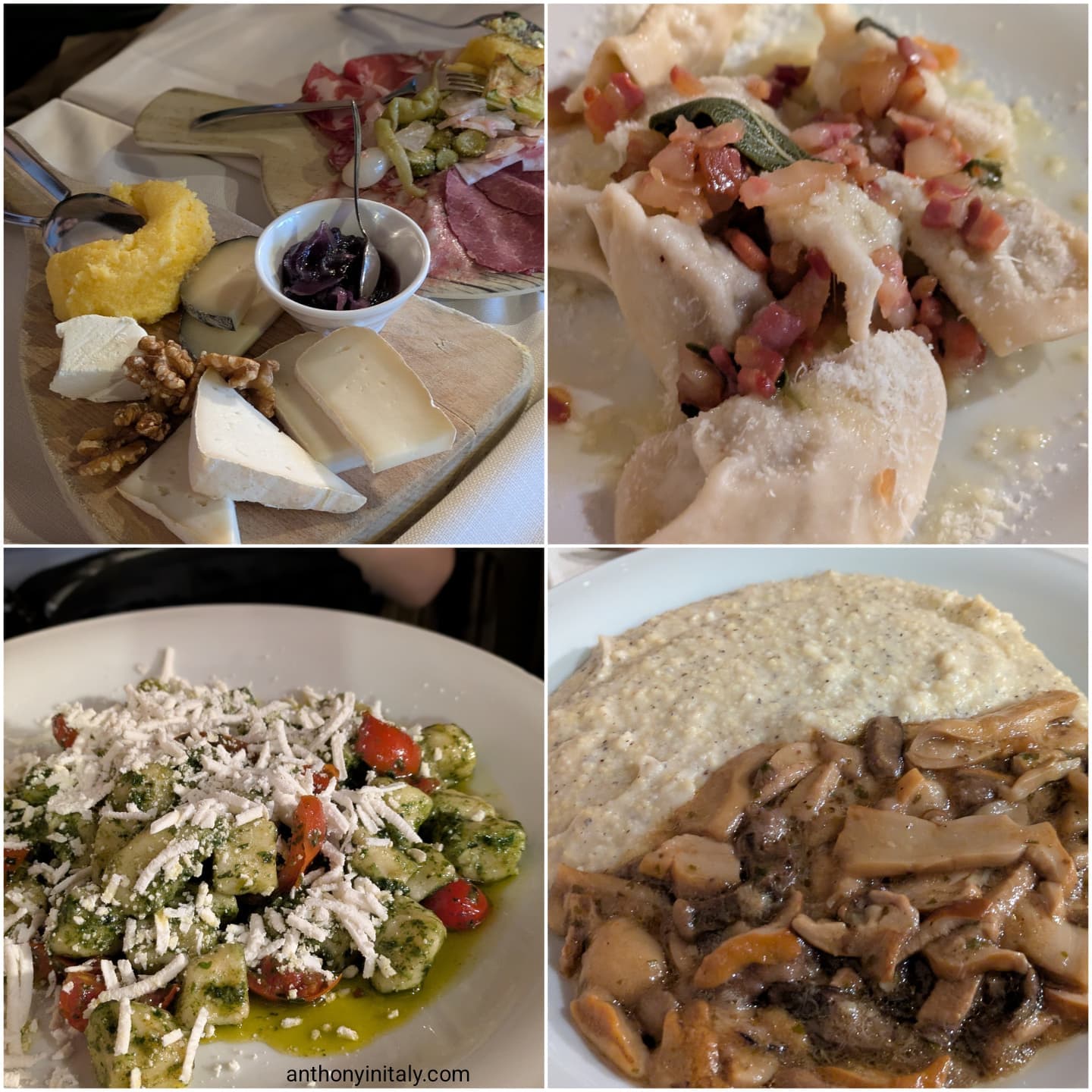 Antipasti board with salumi and cheese, casoncelli alla bergamasca, gnocchi with pesto, and polenta taragna with mushrooms at Antica Trattoria La Colombina in Bergamo