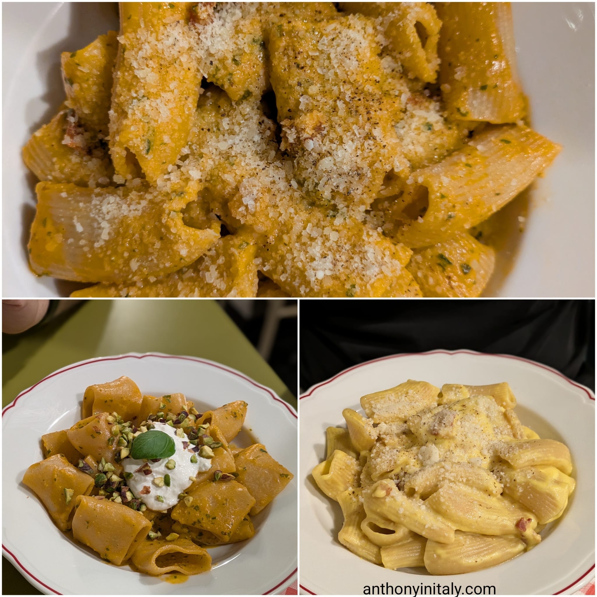 Three pasta dishes from Miscusi in Bergamo, including tricolore sbagliato and carbonara