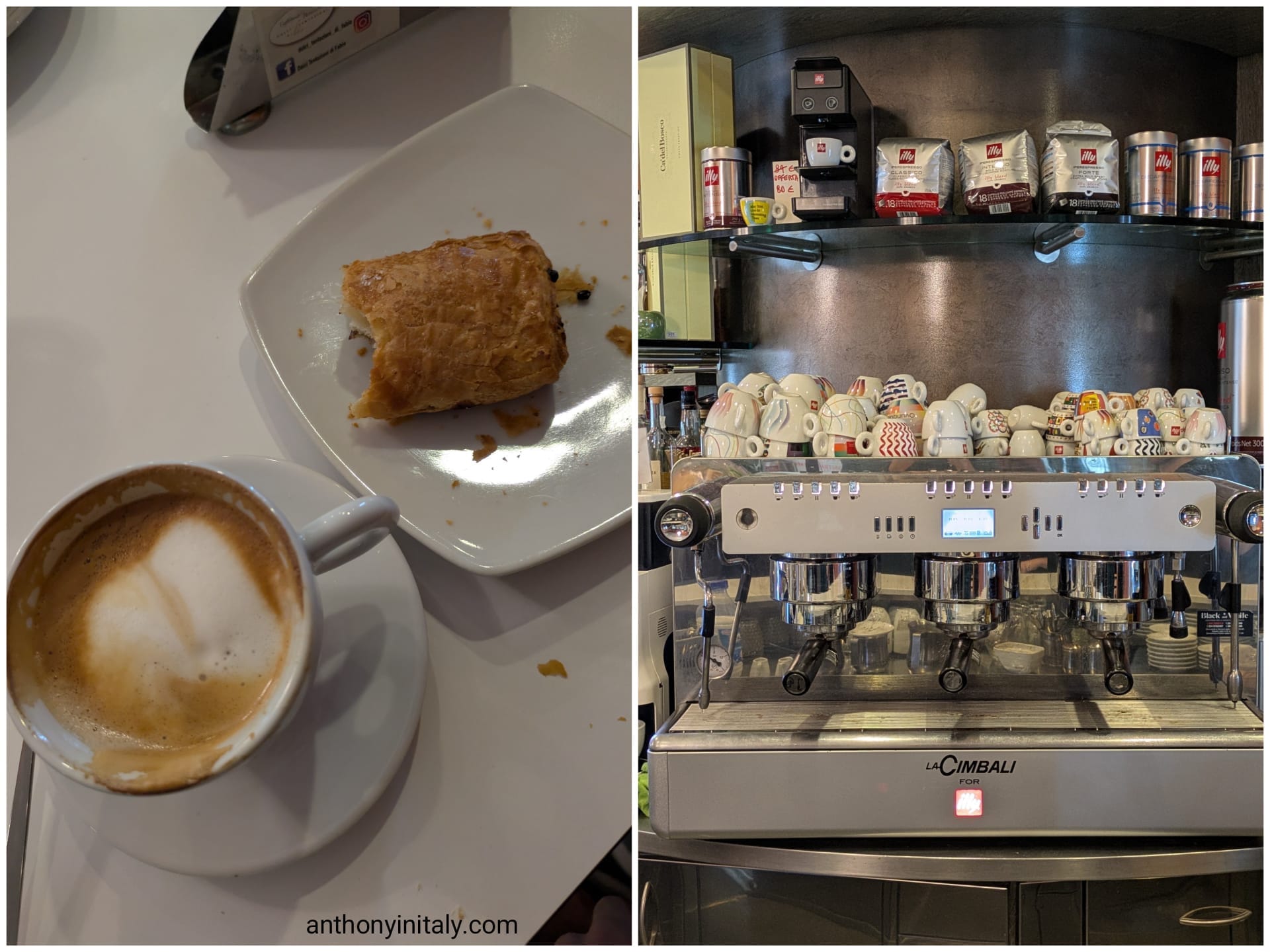 A cappuccino and pastry on a table at Pasticceria Fabio, next to the bar's La Cimbali espresso machine and rows of illy cups