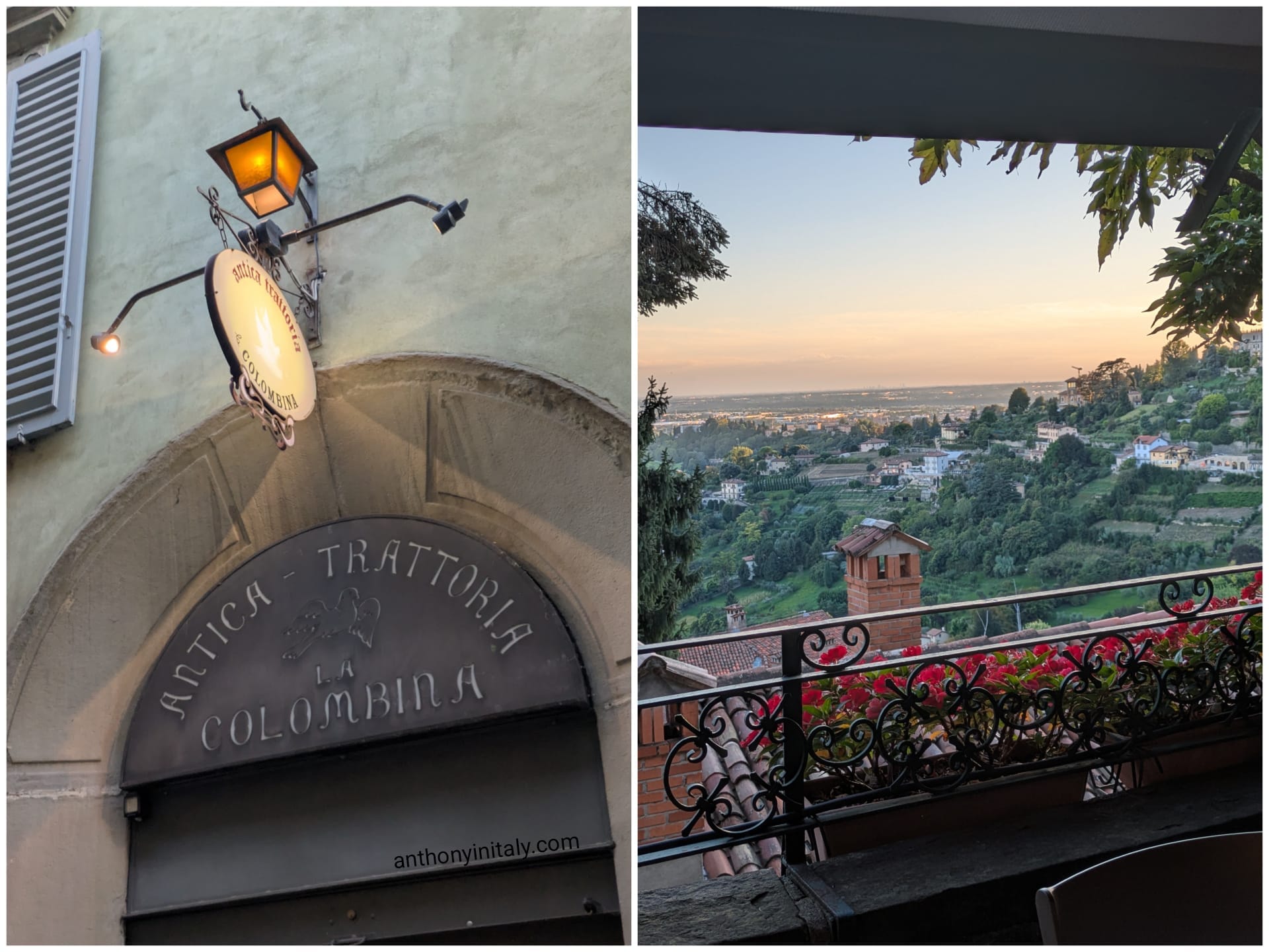 The hanging sign for Antica Trattoria La Colombina and the sunset view over the valley from its terrace