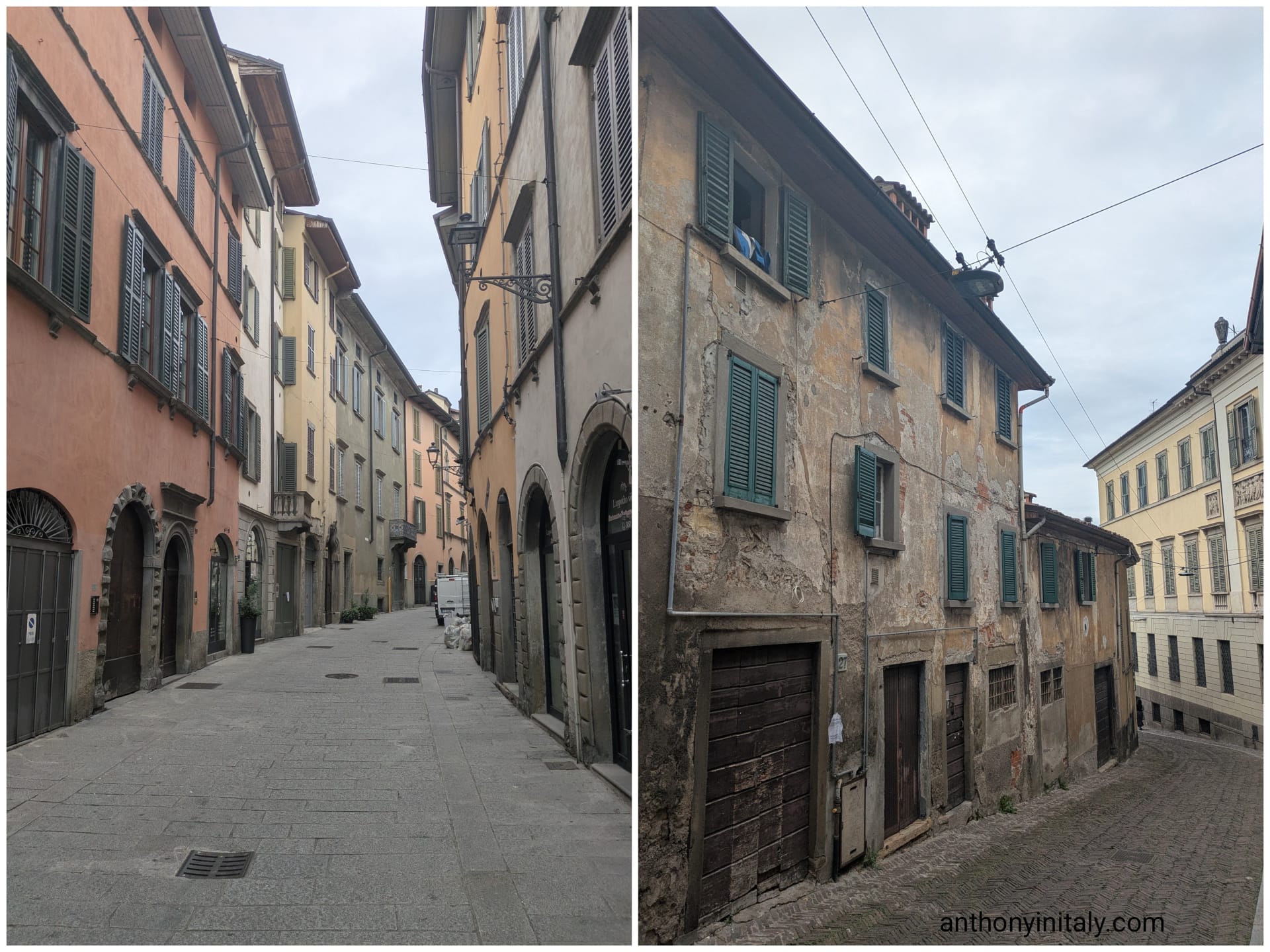 Historic buildings and weathered facades along Via Pignolo in Bergamo's lower town