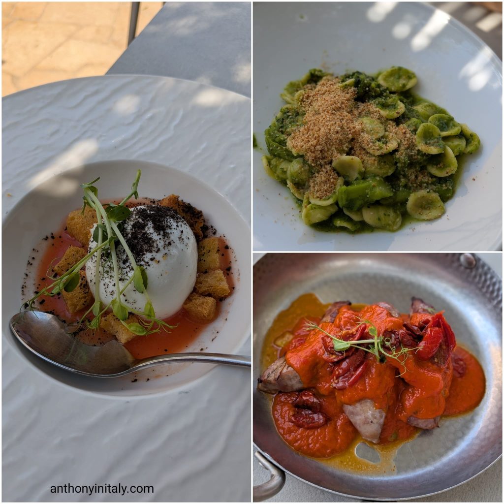 Burrata in tomato water, orecchiette with green sauce and breadcrumbs, and meat in red pepper sauce