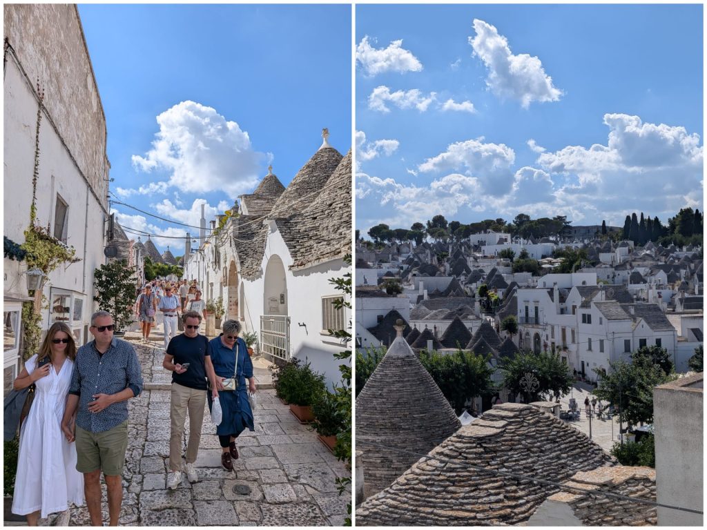 Crowded lane lined with trulli in Alberobello, and a view over the cone-shaped rooftops of the town