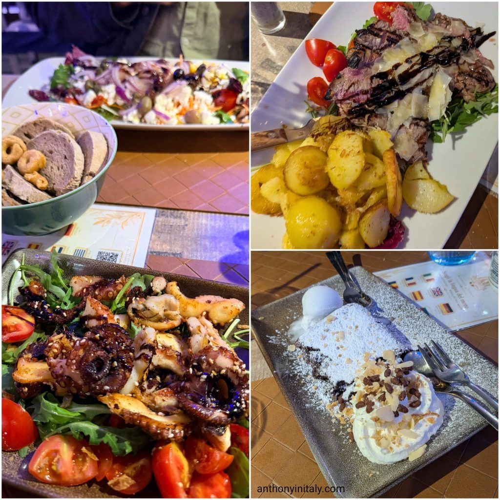 Sesame-roasted octopus on salad, tagliata al rosmarino with roast potatoes, a mixed salad and a walnut brownie with ice cream and whipped cream at Bavarotti da Francesco in Monopoli