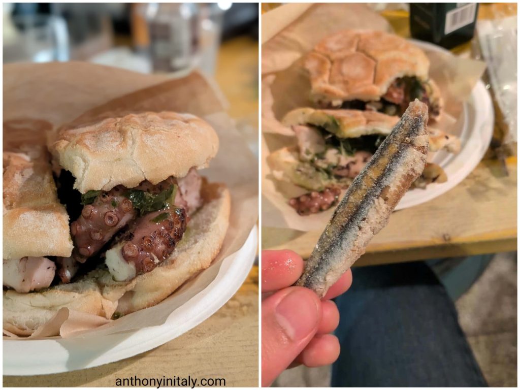 Octopus puccia sandwich and a lightly breaded fried anchovy at Calamari & Liquori in Monopoli