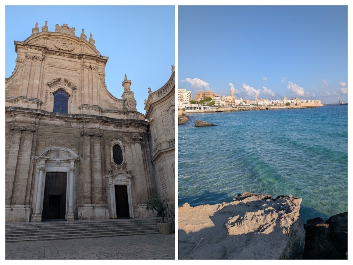 Baroque facade of the Cathedral Basilica of Maria Santissima della Madia in Monopoli, and clear turquoise water along the rocky coast with the old town skyline behind